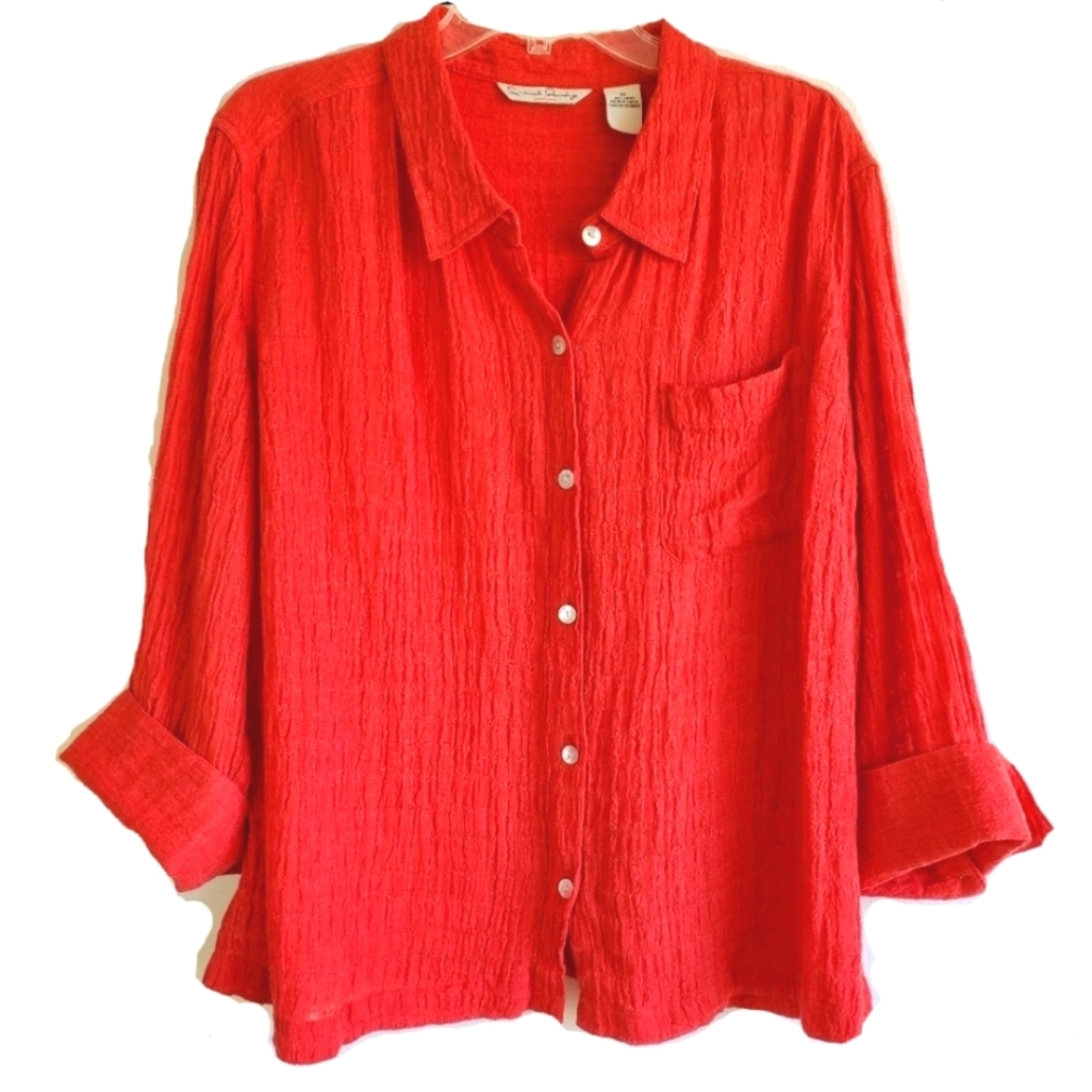French Connection 100%Linen Red Semisheer Gauzy Blouse 3/4 Sleeves Lagenlook 2X